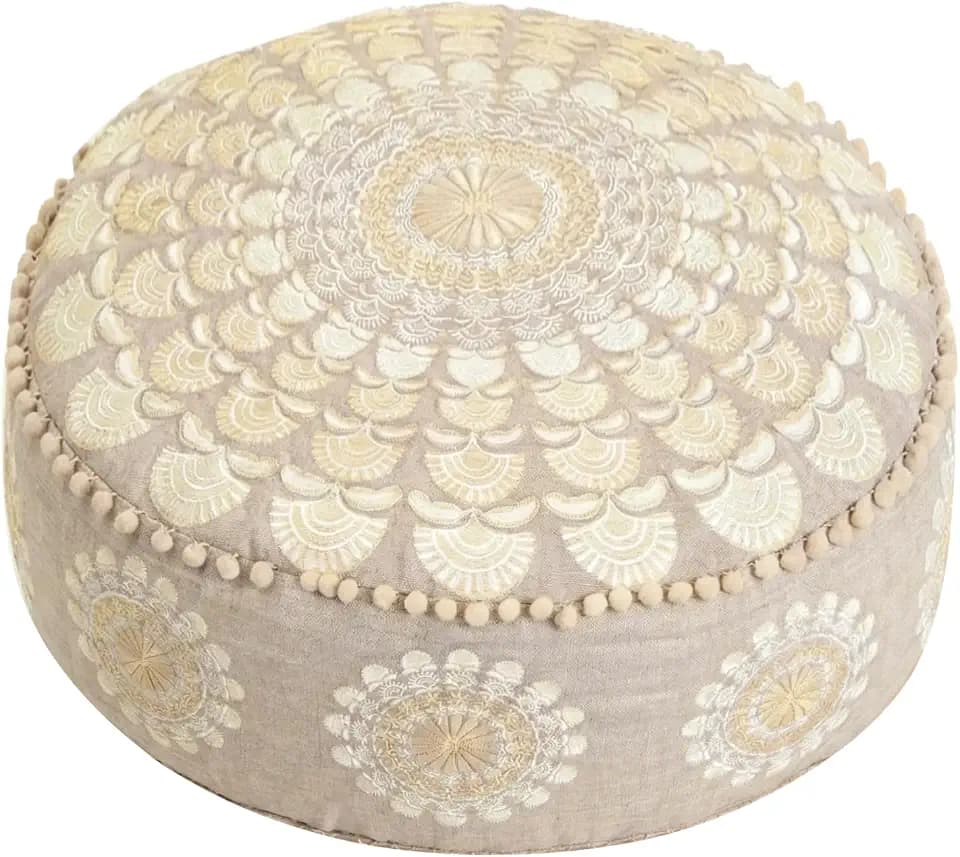 Mandala Life ART Bodenkissen Rund XXL Mit Ponpon Beige Groß Pouf Hocker Boho Sitzkissen Luxuriöser Mit Kunstvoller Raumdekoration Plüsch 100% Baumwolle Ungefüllt 60X20Cm