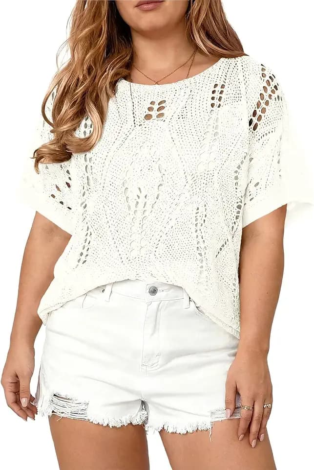 Eytino Women's Plus Size Crochet Hollow Out Half Sleeve Summer Sweater