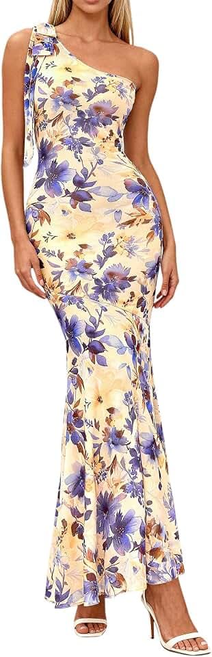 PRETTYGARDEN Womens Summer One Shoulder Maxi Dress 2026 Floral Sleeveless Bodycon Mesh Long Beach Vacation Sun Dresses