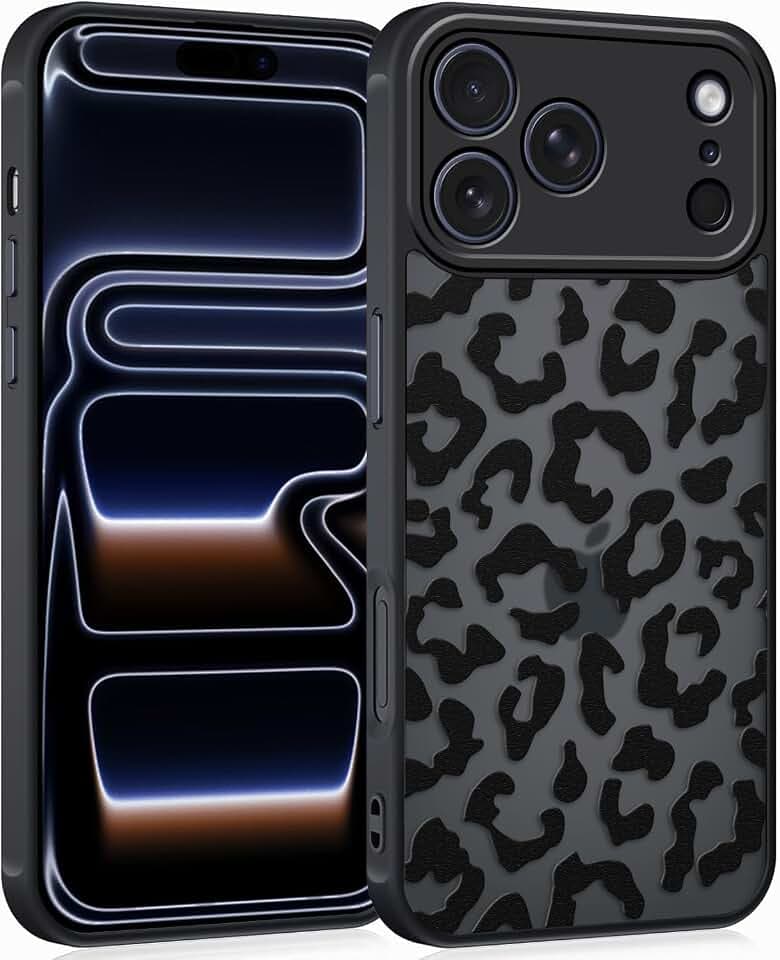 Coqinen Handyhülle für iPhone 17 Pro Max Hülle, Matt Transluzente Case mit Stilvolle Leopard Muster, Silikon Aesthetic Schutzhülle mit Kratzfeste PC Rückseite + Stoßfest TPU Bumper - Schwarz