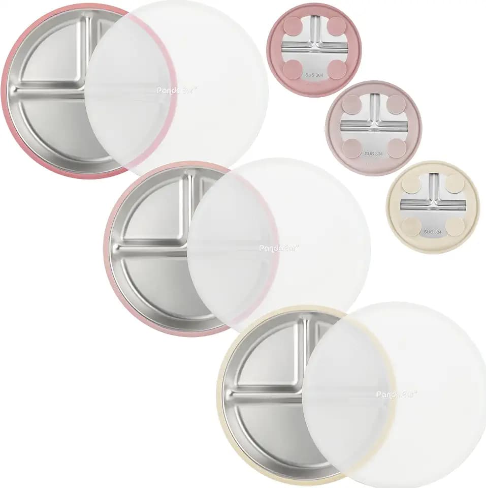 PandaEar 3er Set Edelstahl Saugteller mit Deckel, Geteilte Kinderteller mit Saugnapf, Baby Esslernteller mit 3 Fächern, BPA-frei, Spülmaschinengeeignet (Rosa/Leinen/Hellrosa)