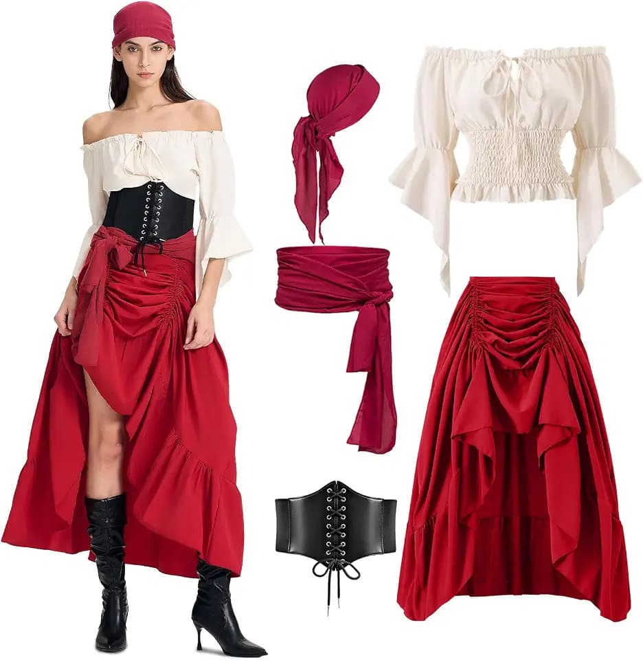 Piratenkostüm Damen, Mittelalter Piraten Kostüm Set, mit Piraten Accessoires Piraten Kopftuch, Taillengürtel, Mittelalter Kleid Damen mit Piraten Korsett, für Karneval Fasching, Halloween, Mottoparty