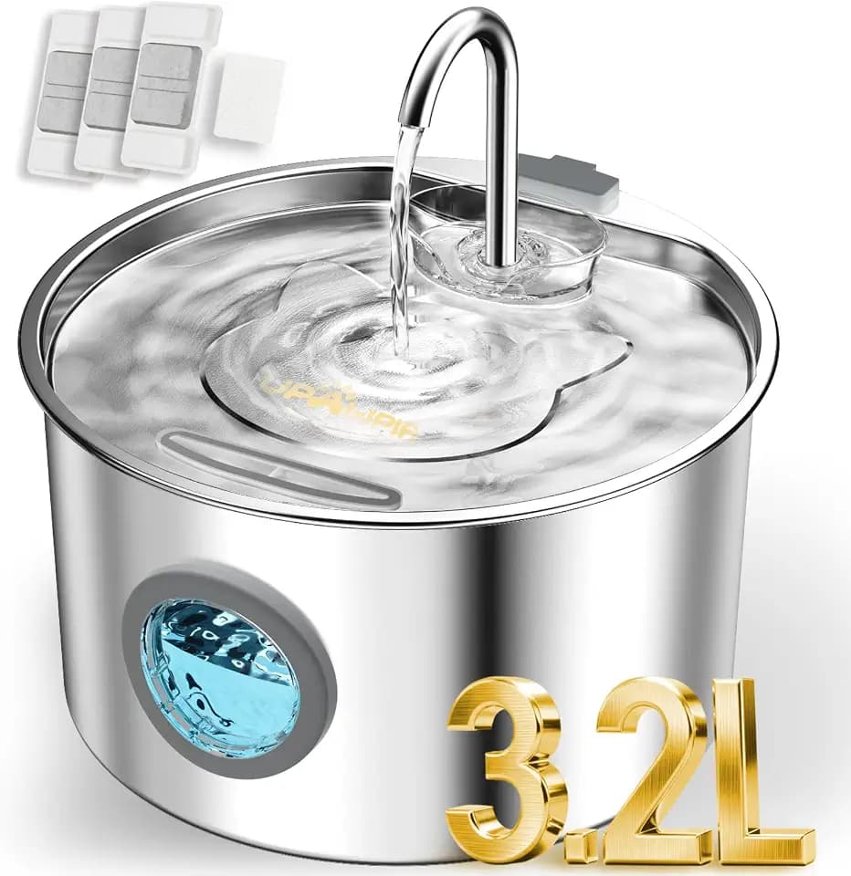 3.2L Katzenbrunnen Edelstahl mit 3 Filtern Trinkbrunnen für Katze Katzenbrunnen für Katzen mit Wasserstandsfenster Ultra leise Wasserbrunnen für Katzen Cat Water Fountain mit LED Licht