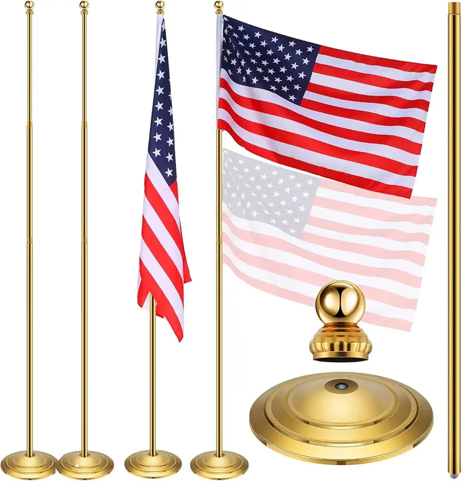 Threan 2 Sets Telescoping Flag Pole with Stainless Steel Gold Base, 8.53 Ft
