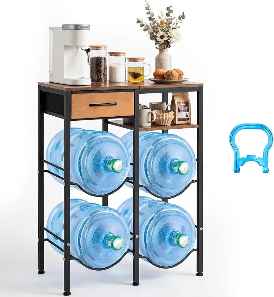 VEVOR 5 Gallon Water Jug Holder, 4-Tier Double Rows 3 or 5 Gallon Water Bottle Holder for 4 Bottles, Heavy Duty Jug Rack Organizer with Storage Shelf, Drawer, Handle for Kitchen, Office, Black+Brown