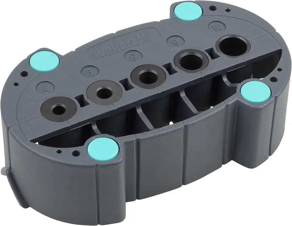 wolfcraft Accumobil Mobile Bohrhilfe - Bohrzubehör 4685000 | 5 Metallbohrbuchsen (4-10 mm), V-Nut für Rundhölzer & Rohre, Gummipuffer - für Bohrmaschine & Akku-Schrauber