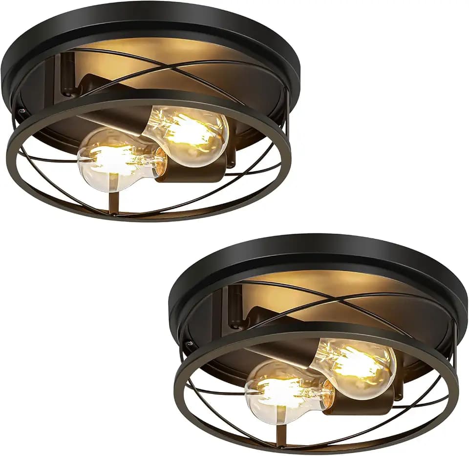 Farmhouse Lights,Black Industrial 2 Pack Round Metal Flush Mount Hallway & Bedroom Ceiling Lamp, Kitchen Round Lights (Bulbs Not Included)