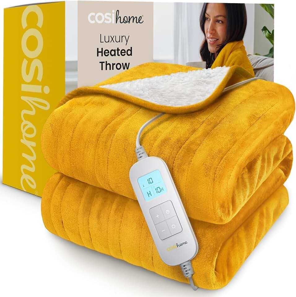 Cosi Home Heizdecke 180x130 cm - Elektrische Wärmedecke mit Abschaltautomatik, Überhitzungsschutz, Waschbar, Kuscheliges Sherpa & Fleece, 10 Heizstufen mit digitaler Fernbedienung - Senfgelb