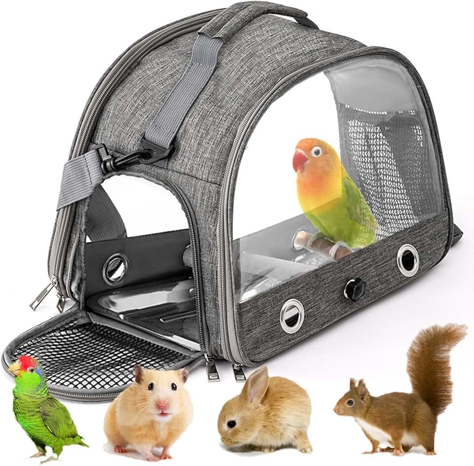 Vogel-Tragetasche mit Stehstange und Edelstahl-Tablett,Tragbarer Vogelkäfig,Haustier-Reisetasche für Papageien,Rucksack für Vögel mit Holzstab Kleine Haustier-Tragetasche,Vogel Transportbox (Gray)