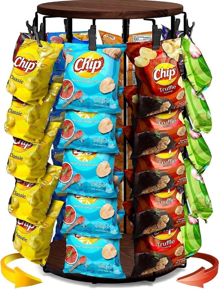 Chip Rack Display Stand, 40 Clips Rotating Snack Organizer, Brown