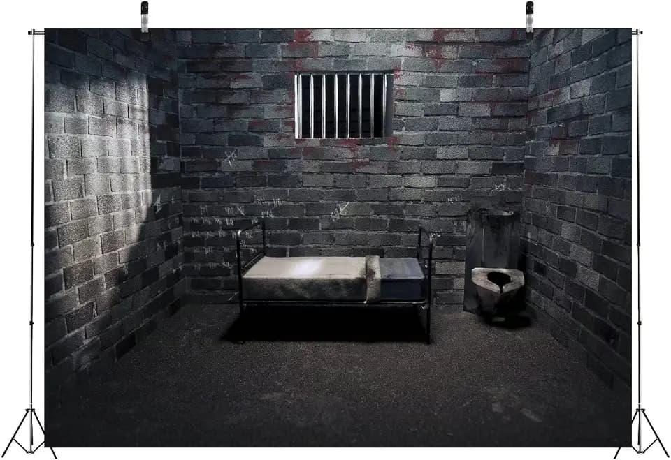 Prison Backdrop BELECO 5x3ft Fabric Prison Jail Cell Photography Backdrops Confinement Room Brick Wall Background with Marks Bloodstains Jail Themed Party Decor Kids Adults Photo Shooting Studio Props