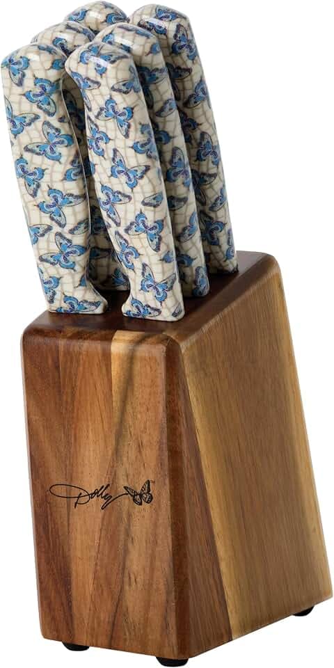 Dolly Parton 7-Piece Steak Knife Set with Blue Handles and Acacia Block for Storage