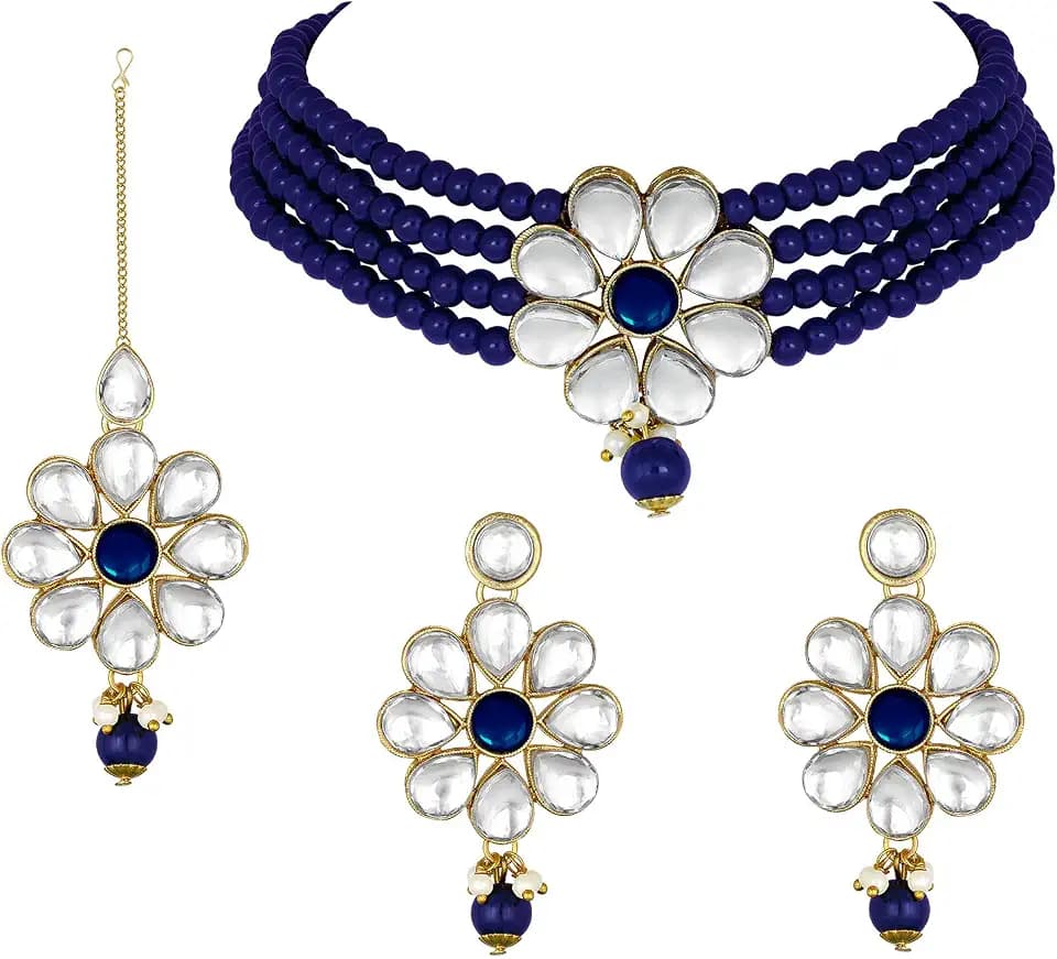 Aheli Faux Kundan Pearl Floral Choker Necklace Earring Maang Tikka Indian Traditional Bollywood Jewelry Set Gift for Women