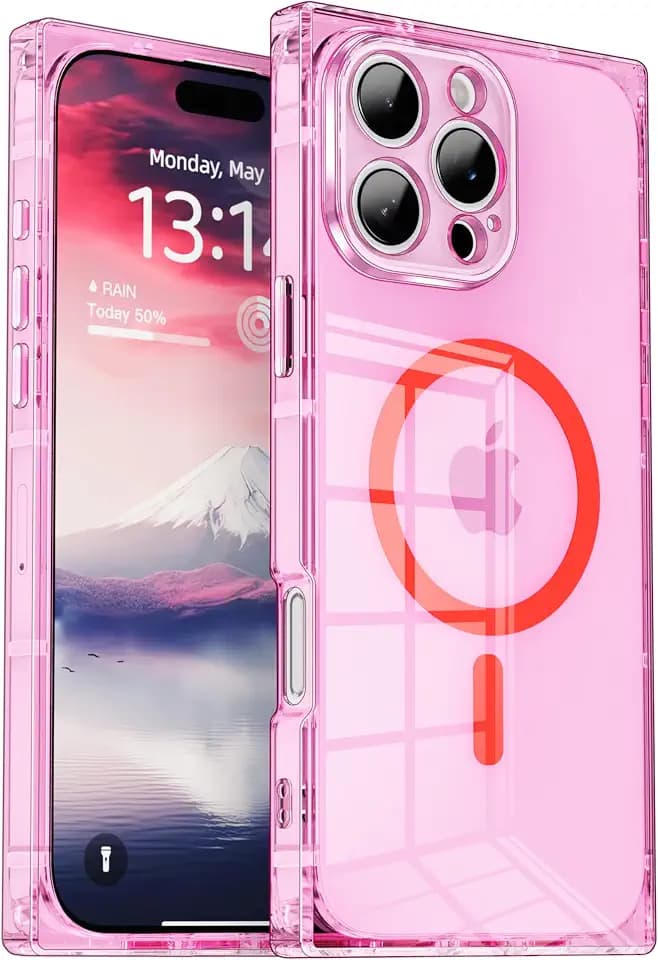 IAIYOXI Rectangle Edge Magnetic Clear Case for iPhone 16, Compatible with MagSafe, Full Camera Protection & Reinforced Corners, Thin Slim Shockproof TPU Phone Cover for Women Girls, Pink