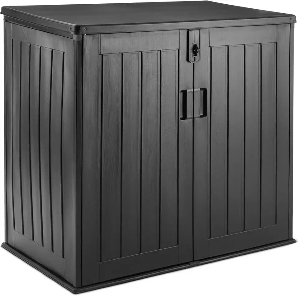 Amazon Basics Lagerschuppen, Mülltonnenbox für Zwei 120-Liter-Tonnen, Wetterbeständig, 116cm x 70,5cm x 112,8cm, Schwarz