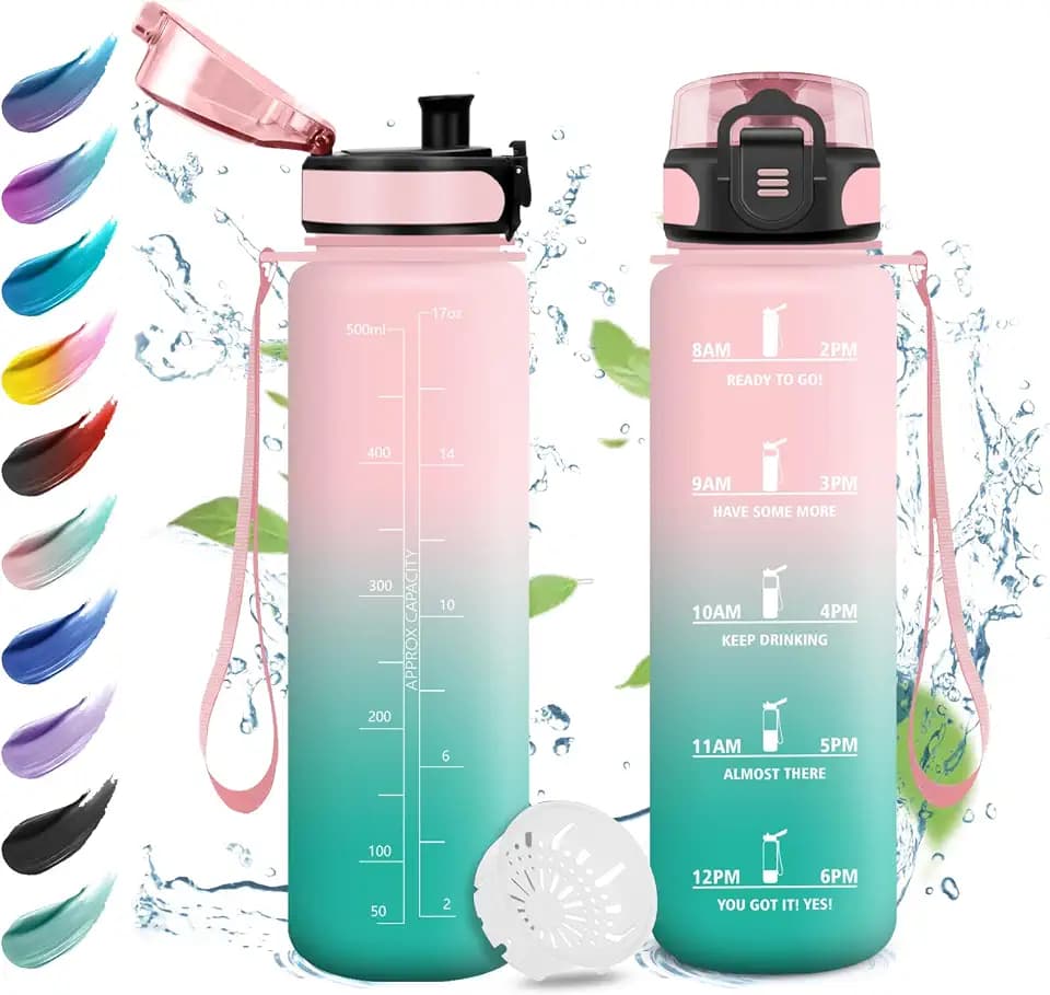 KollyKolla Trinkflasche 500ml, Wasserflasche mit Filte, Kohlensäure Geeignet, Sportflasche mit Zeitmarkierungen, Auslaufsicher für Picknick, Schule, Junge, Büro