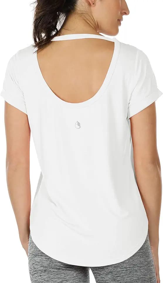 icyzone Open Back Yoga Shirts for Women - Exercise Workout Tops, Athletic Short Sleeves, Running T-Shirts Loose Fit