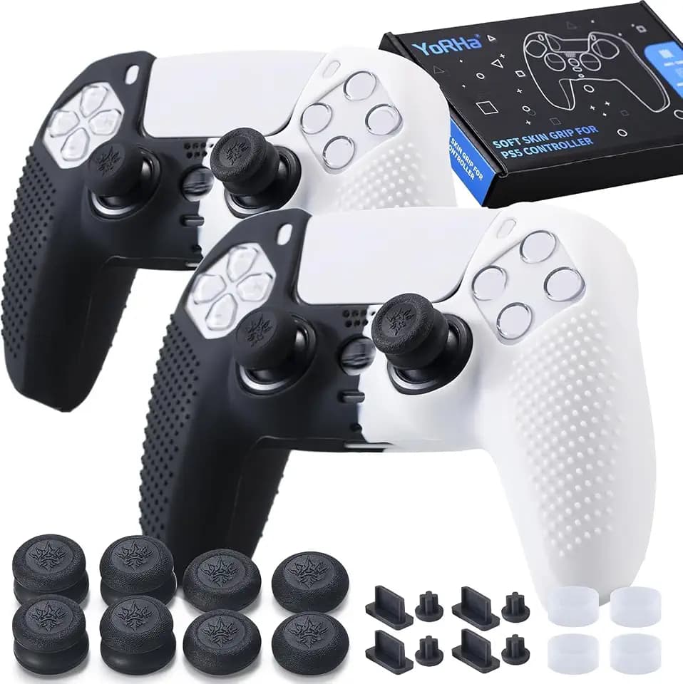 YoRHa Silicone Skins Cover for PS5 Controller x 2(Black+White) with Thumb Grips x 8, Plugs x 8, Anolog Protectors x 4