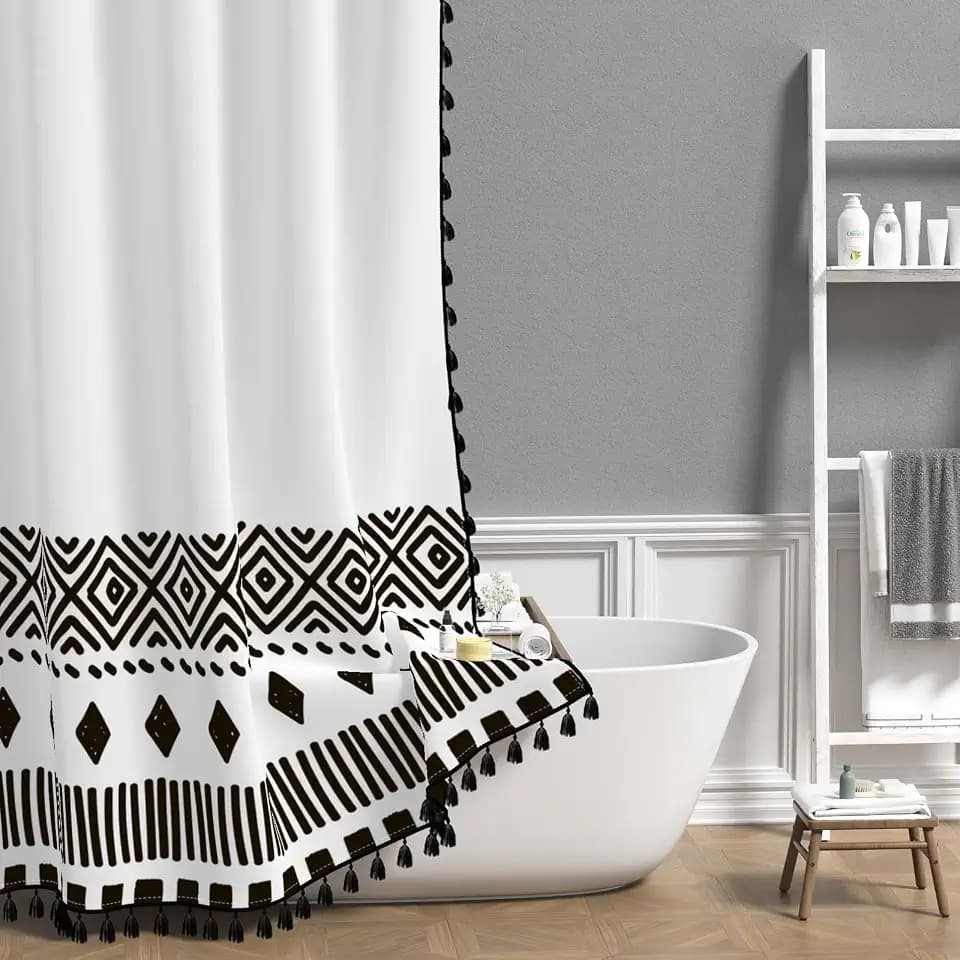 AOFOTO Bohemian Black and White Striped Shower Curtain with Black Tassel Boho Geometric Pattern Shower Curtains for Bathroom Waterproof Fabric Bath Curtain Sets with Hooks 72x84 Inches