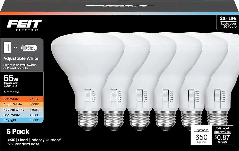Feit Electric BR30 LED Light Bulbs, 65W Eq, Dimmable, 5CCT 6Way, 6 Pack