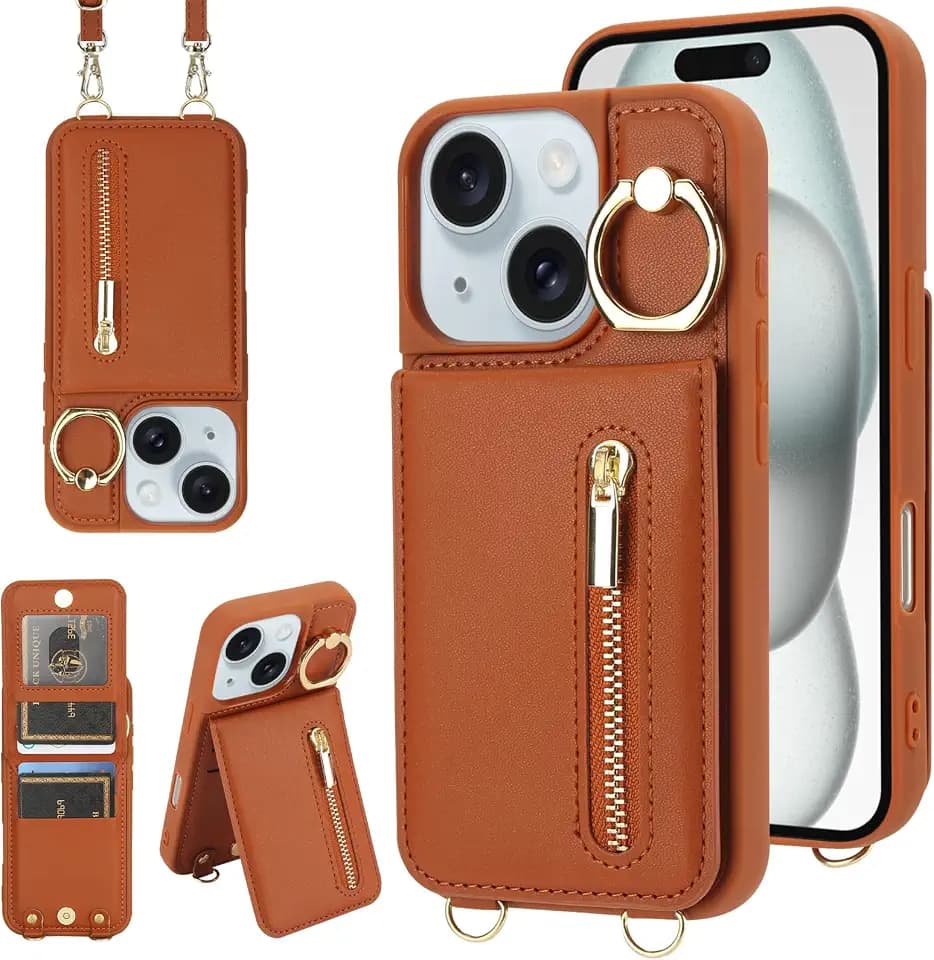 Crossbody Wallet Case for iPhone 14 Plus/15 Plus, with Card Slots Zipper Pocket Case, Flip Folio Purse RFID Blocking with Ring Kickstand Detachable Strap-Brown