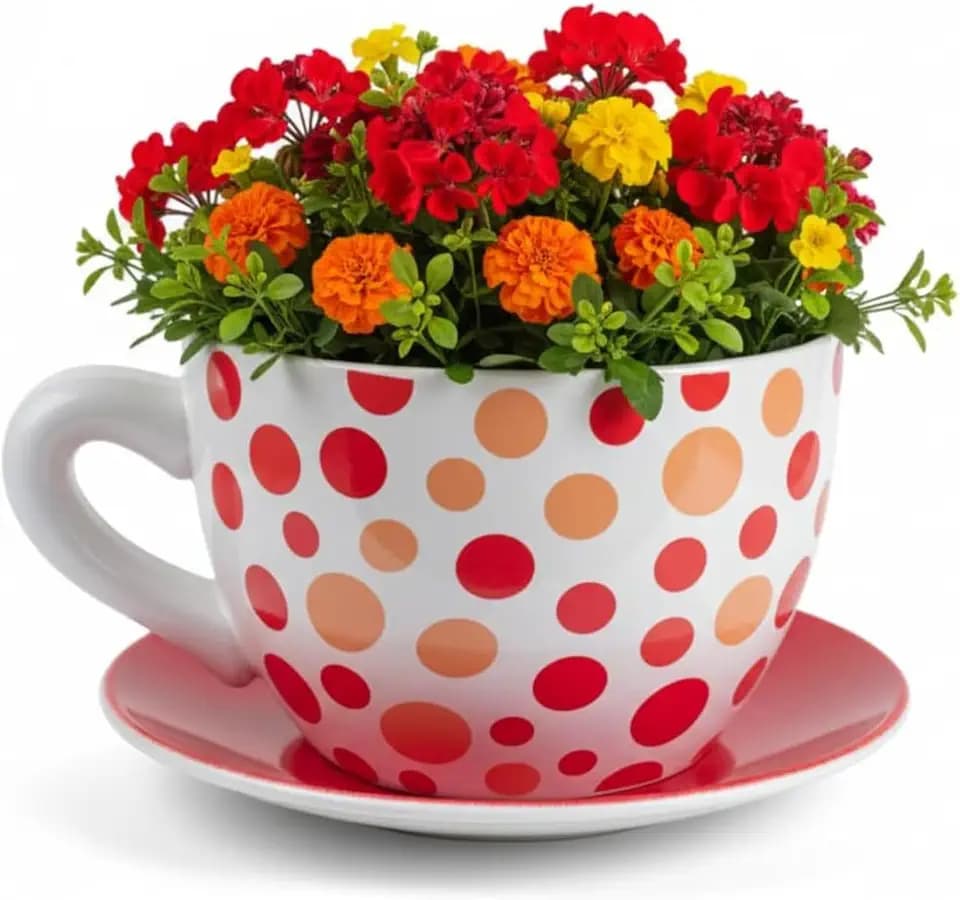 7.5" Round Ceramic Teacup Shape Planter Pot with Saucer for Succulents, Orchids, Herbs, Cactus, Indoor Houseplants, Flowers - Orange Polka Dot Planter