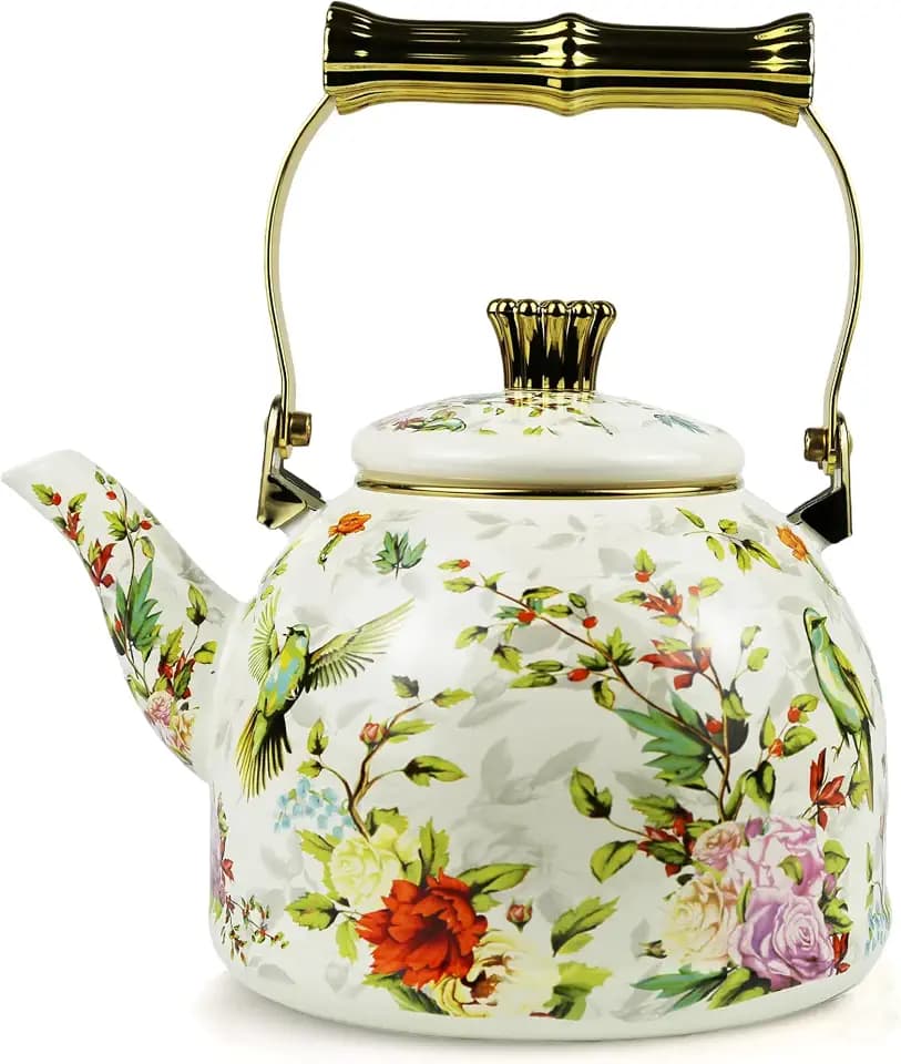 Vintage Enamel Tea Kettle Birds Floral Boho Stovetop Teapot with Gold Handle 2.5L Enamel Kettle Bohemian Kitchen Decor Ideal Gift for Housewarming Camping Coffee Pot