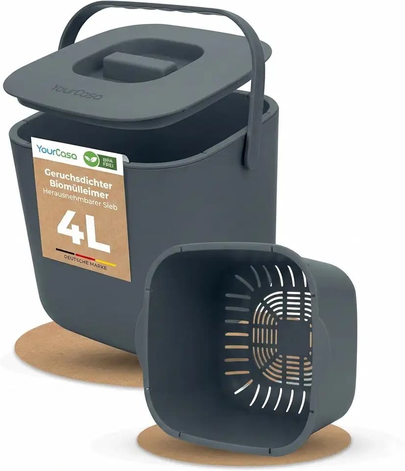 YourCasa Biomülleimer Küche 4L - Komposteimer mit herausnehmbarem Sieb & Deckel - geruchsdicht, spülmaschinenfest & ohne Biomülltüten - Bio Mülleimer klein für saubere Küchen (Anthrazit)