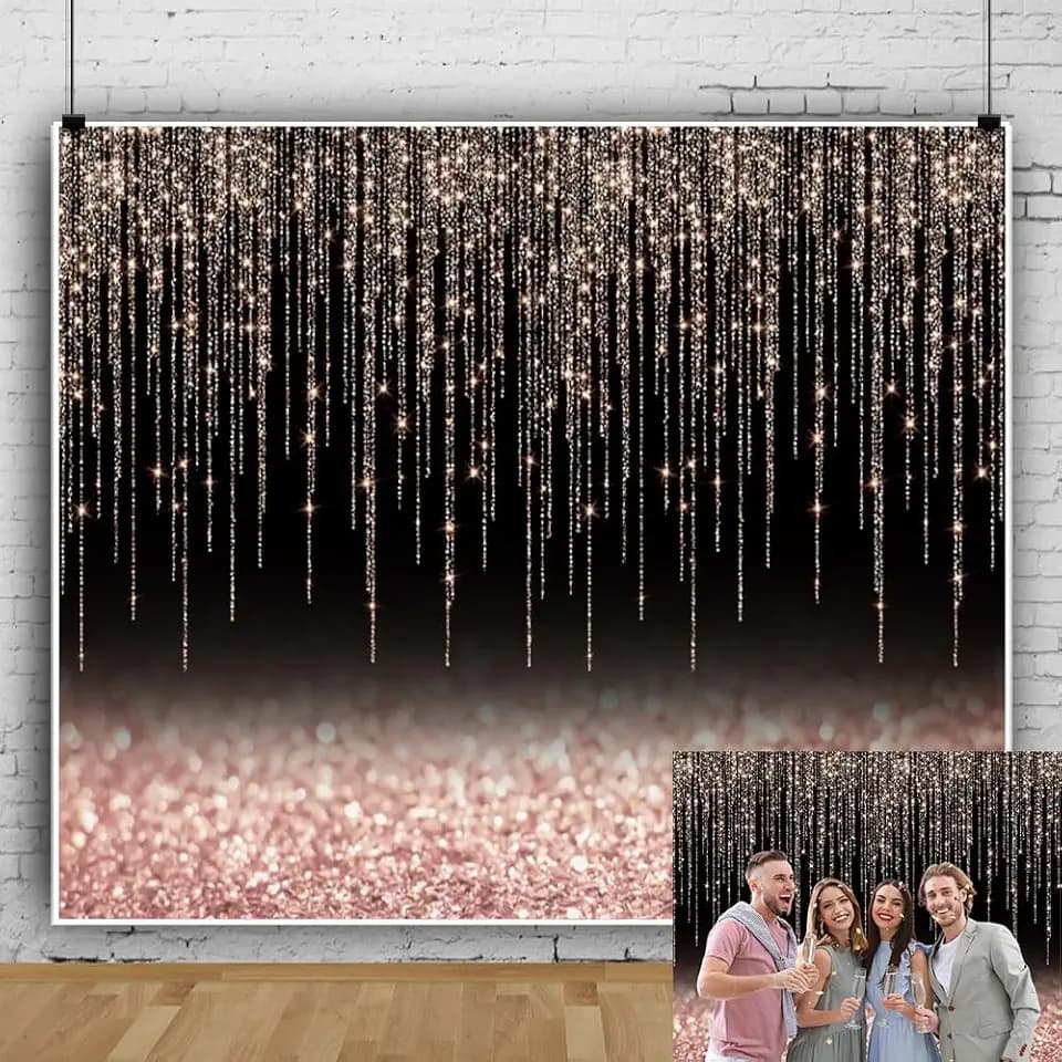 Black and Rose Gold Backdrop 10x8ft Glitter Photography Background for Girl Women Birthday Wedding Baby Shower Bridal Shower Graduation Backdrops Party Decoration Banner Photo Props
