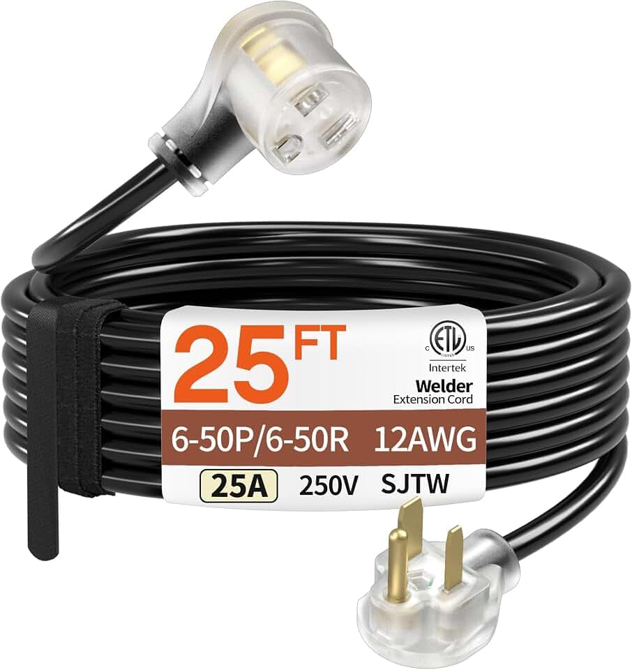 25Amp 25FT 12 Gauge NEMA 6-50P to 6-50R Welder Extension Cord, LED