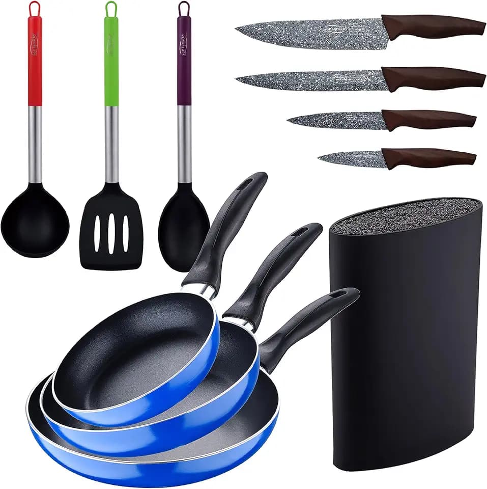 3-teiliges Pfannen-Set (16 + 20 + 24 cm) aus gepresstem Aluminium, Induktion, Marineblau, mit 3 Kuchenutensilien, Nylon, mit 4 Messern aus Edelstahl