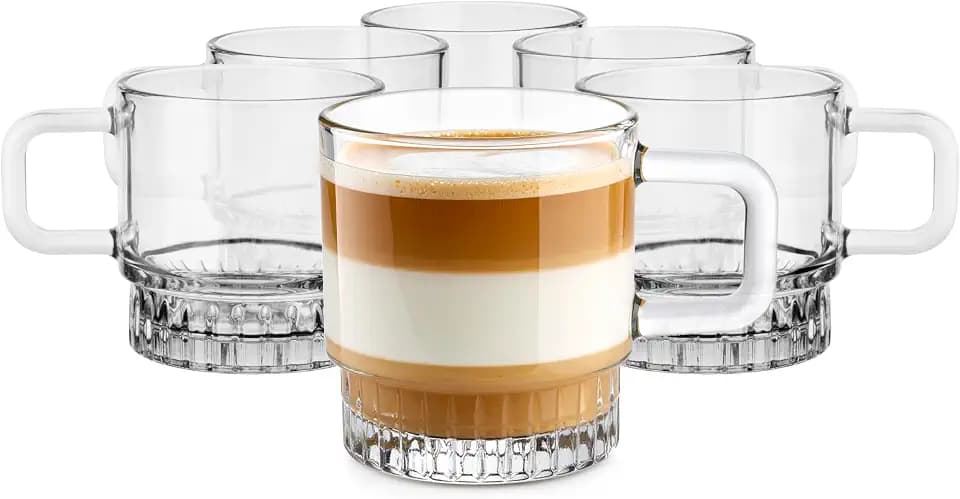 Glasmark KROSNO 1992 Kaffeebecher aus Glas 6er Set 240 ml - Transparente Kaffeetassen mit Henkel - Teegläser für Heißgetränke und Desserts - Spülmaschinenfest - Stella