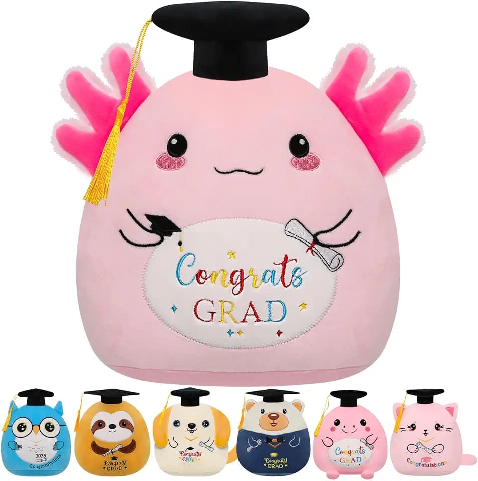 Graduation Axolotl Plush with Cap - 2026 Graduation Pink Axolotl Stuffed Animal with Soft 3D Cap Diploma Colorful Embroidery Congrats Grad Plush Toy for Kindergarten Graduation Gift for Girls 10 Inch