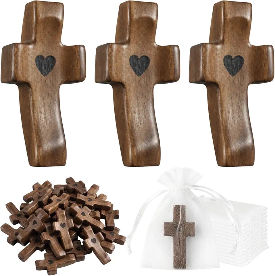 YztCzl 36 Pack Wooden Cross Fidget, Heart-Shaped Cross with Organza Bag