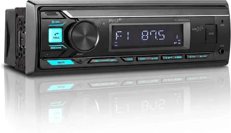 Pyle Marine Radio Stereo Receiver with Bluetooth MP3 Player - Single DIN Boat Audio System, AM/FM Tuner, USB/AUX Input, 30 Preset Stations, Hands-Free Calling, 300W Max Power for Marine and Boat Use
