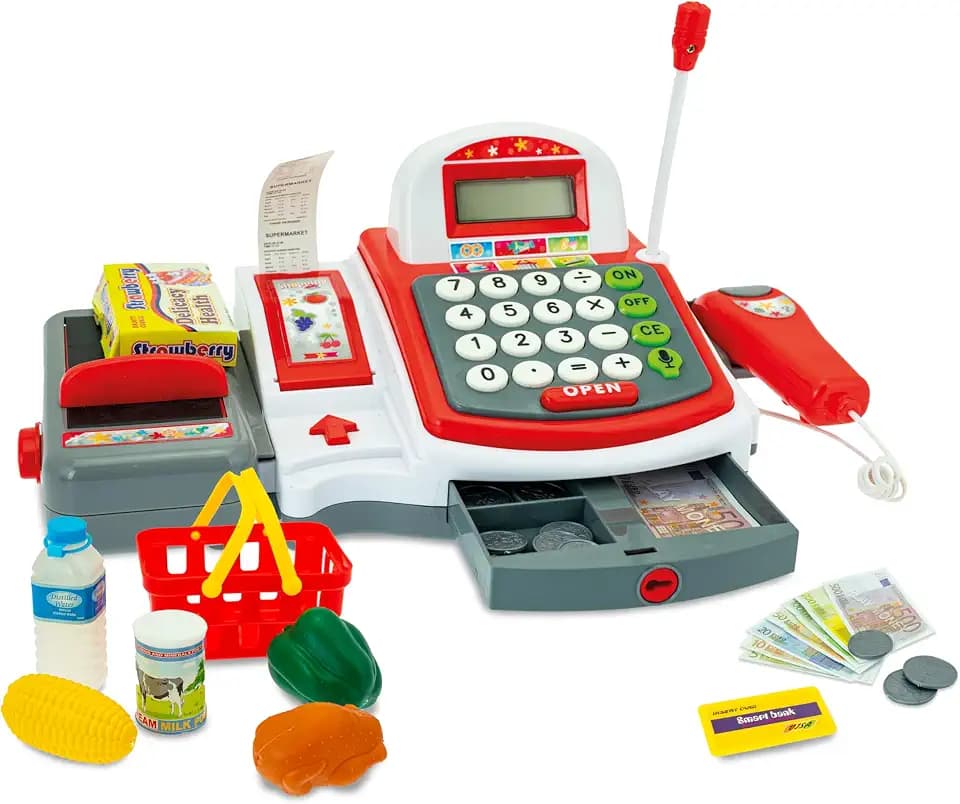 Teorema Giocattoli, Spielzeugkasse für Kinder, Spielzeug-Registrierkasse mit Scanner, Lichtern und Tönen, echter Taschenrechner, herausziehbare Quittung und Supermarktzubehör enthalten