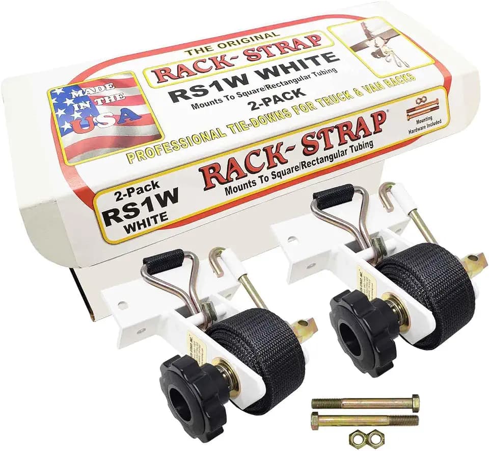 2 Pack, Rack-Strap, The Original American Made Ladder Rack Tie-Downs, Right Angle Mounting Bracket, RS1W White Right Angle Mounting Bracket, Bolt Mounting Hardware Included, 8 Foot Black Strap