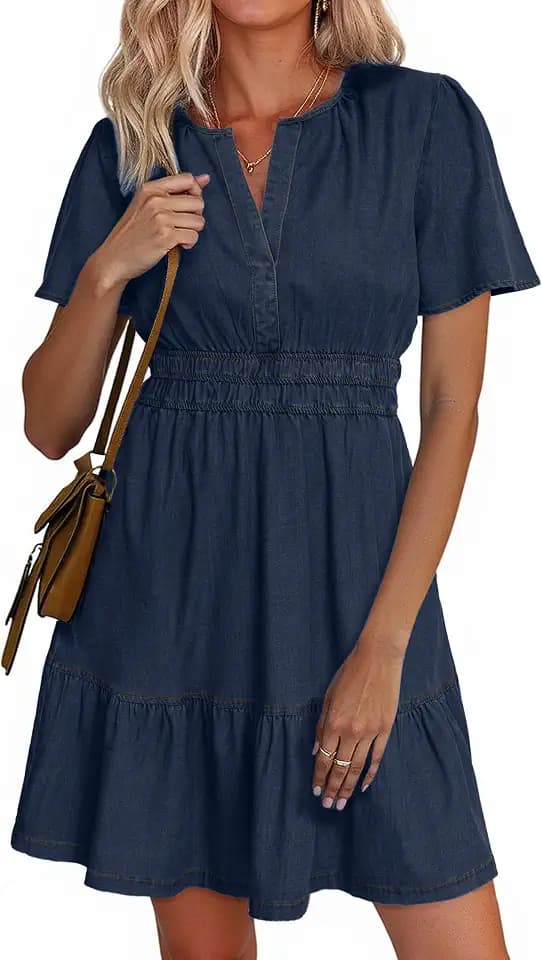 Simplee Womens Summer Denim Dress Casual Short Sleeve Tiered Mini Jean Dresses Western Cowgirl Country Outfits with Pockets