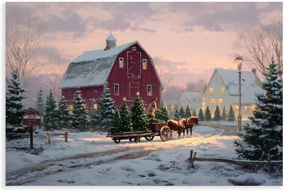 UZWGG 1pcs Frameless Christmas Tree Farm Wall Art Poster Prints Country Winter Scene Red Barn Picture Artwork Xmas Decorations for Living Room Bedroom Ready to Hang Canvas Roll 24x36inch(60x90cm)