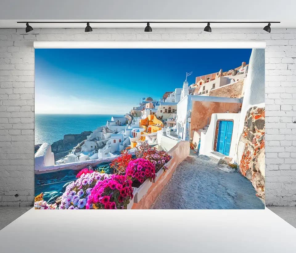 BELECO 7x5ft Fabric Greece Santorini Island Backdrop White Houses Architecture Romantic Aegean Sea Blooming Flowers Background for Birthday Wedding Photography Greece Party Decorations Photo Props