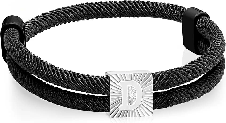 Segeltau Armband Herren mit Buchstaben Surferarmband - Schwarz Segler Nylon Surf Armbänder mit Initial A-Z Buchstabe, Verstellbares Surfer Armband Geschenke für Männer Junge Geburtstag
