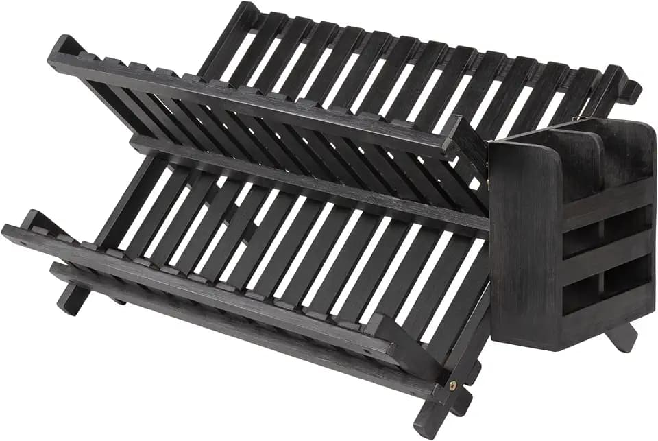 happimess Arlen Farmhouse Bamboo Foldable 2-Tier Dish Drying Rack, Black