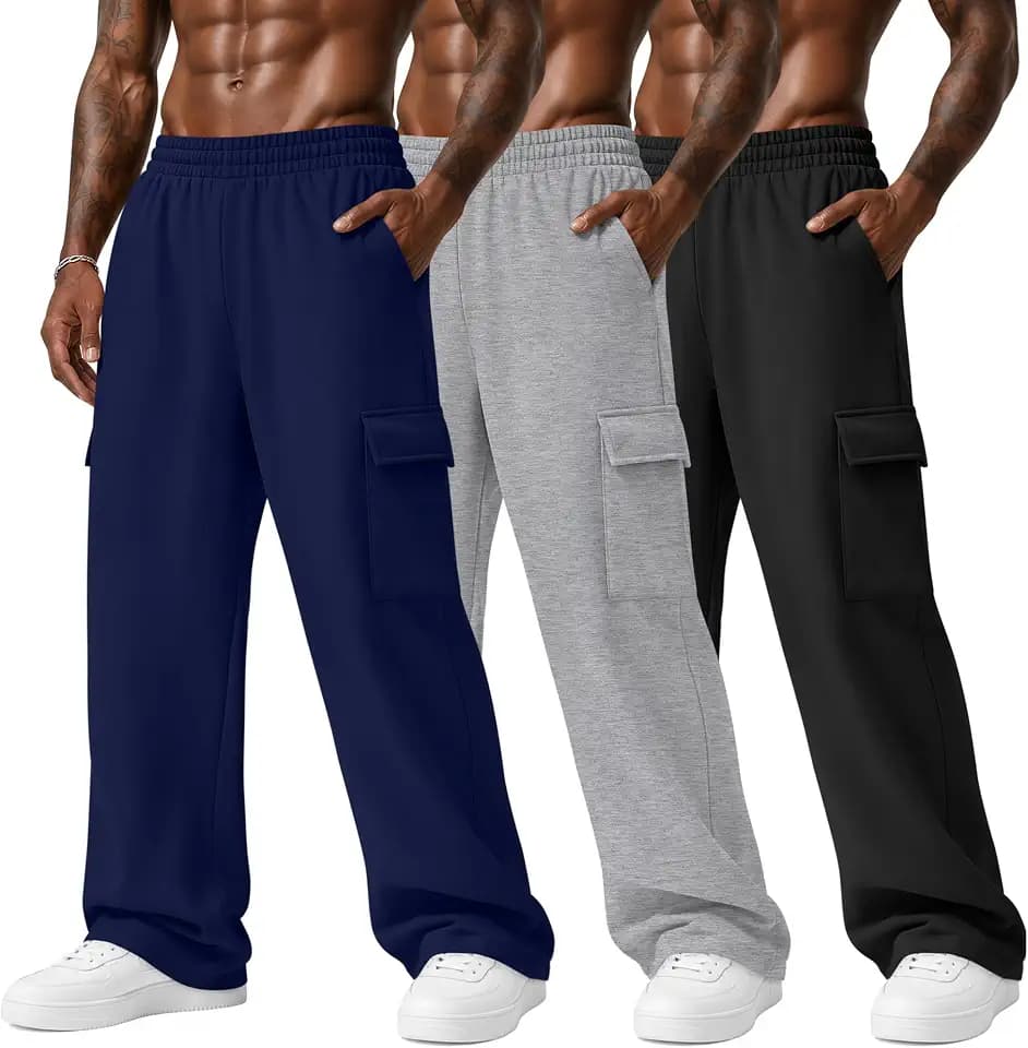 Neer 3 Pack Men's Cargo Sweatpants Wide Leg Pants with Pockets