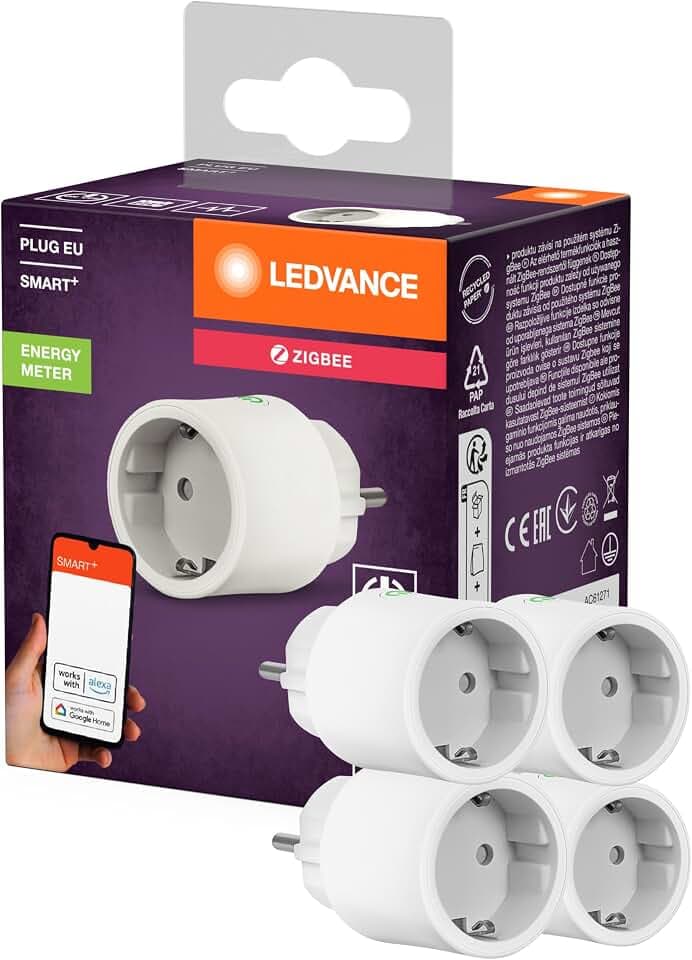 LEDVANCE SMART+ Smarte Steckdose für Innen mit ZigBee Technologie, bindet konventionelle Geräte ins Smart Home ein, misst und spart Stromverbrauch, kompatibel mit Alexa oder Google, weiss, 4er-Pack