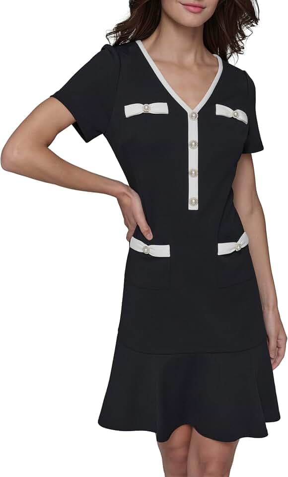 Karl Lagerfeld Women's Short Sleeve V-Neck Pearl Button Bow Detail A-line Mini Dress