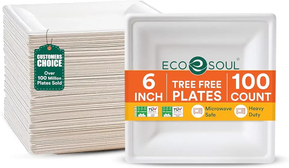 ECO SOUL 5.9 Inch Disposable Bagasse Paper Plates (100 Pack, Square)
