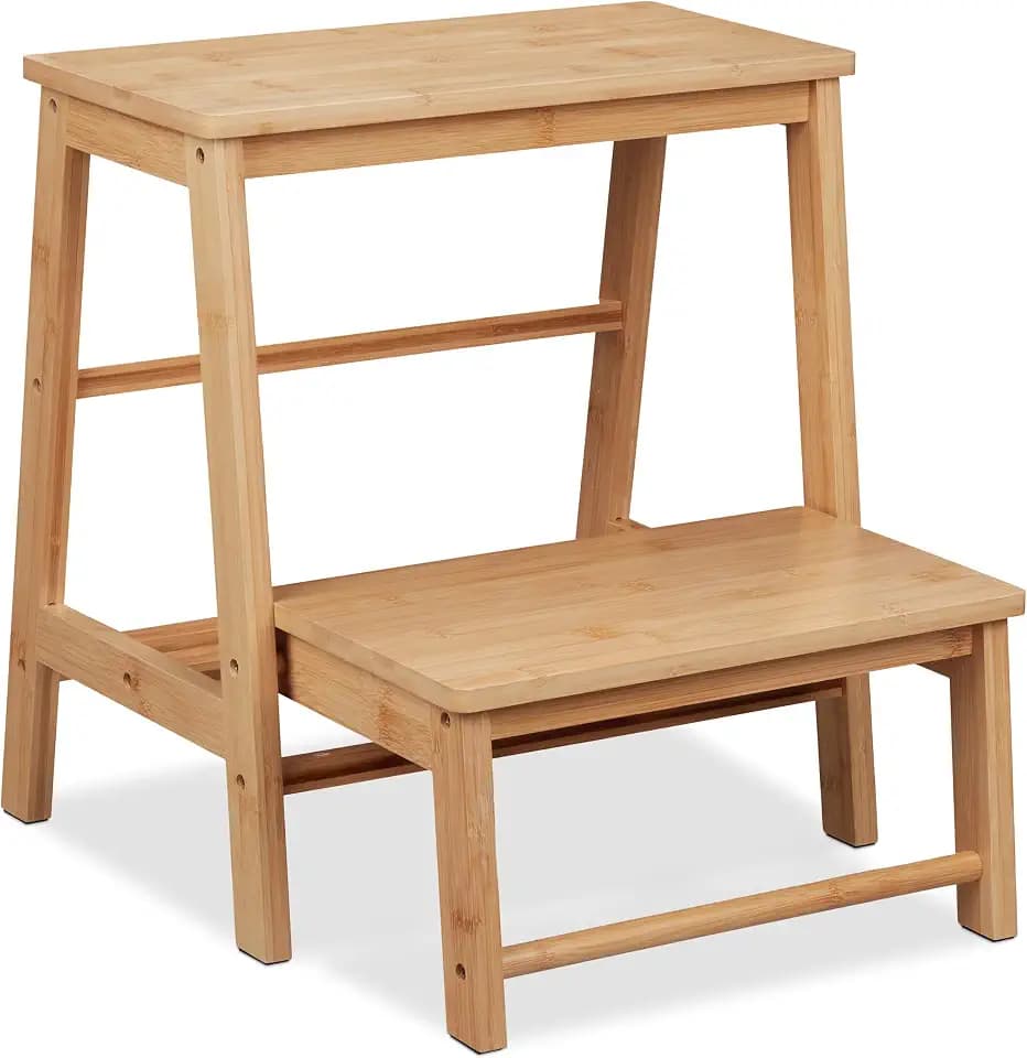 Relaxdays Tritthocker, klappbar, 2 Stufen, bis 100 kg, Kinder, Haushalt, HBT 48 x 45 x 51 cm, Bambus Klapphocker, Natur