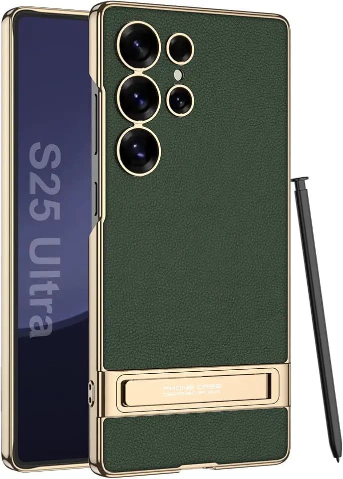for Samsung Galaxy S25 Ultra Vegan Leather Case with Invisible Plating Kickstand,Thin Flexible Soft Grip Luxury Vegan Slim Protective Shockproof Phone Cover for Samsung Galaxy S25 Ultra(Green)