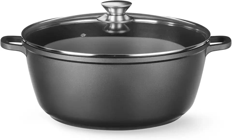 HENDI Kasserole, mit Deckel, geeignet für alle Herdarten, flacher Boden, backofenfest, Antihaftbeschichtung, Kochtopf, Servierpfanne, Bratpfanne, 7L, 367x290x(H)122mm, Aluminiumdruckguss