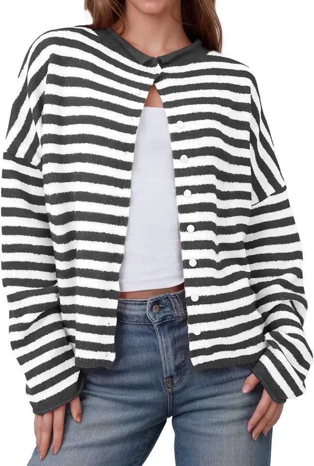 Saodimallsu Womens Striped Cardigan Long Sleeve Button Down Knit Tops